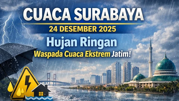 Cuaca Surabaya Hari Ini: Hujan Ringan dan Angin Kencang Mengguyur Kota dari Siang hingga Malam