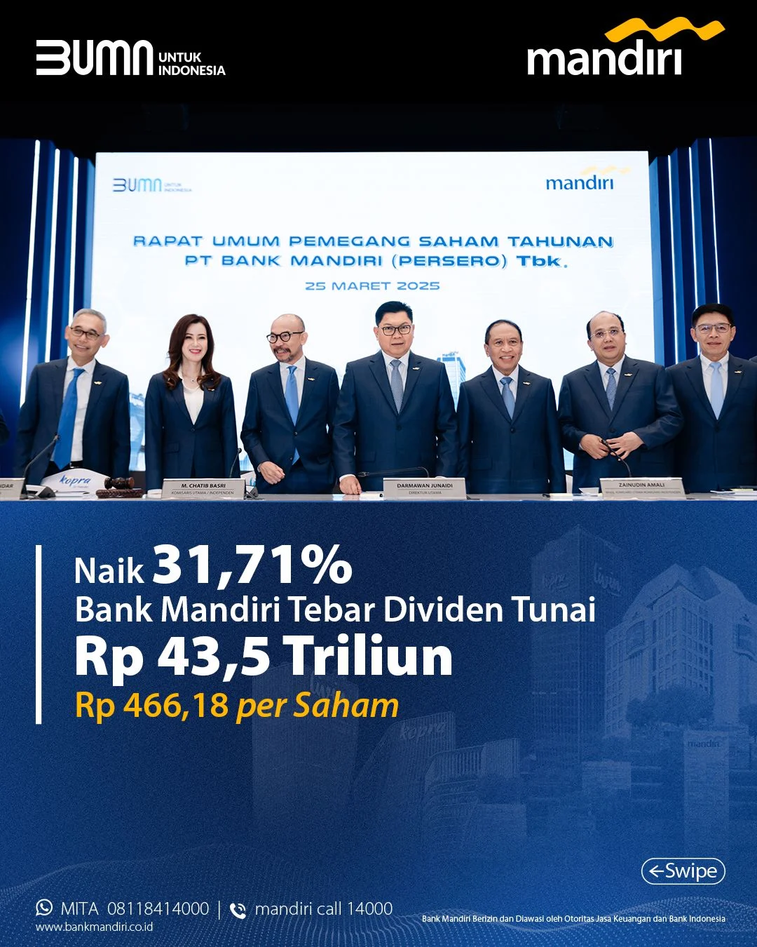 Dividen Mandiri Mencetak Rekor: Bank Mandiri Sebar Rp44,47 Triliun, 79% Laba 2025