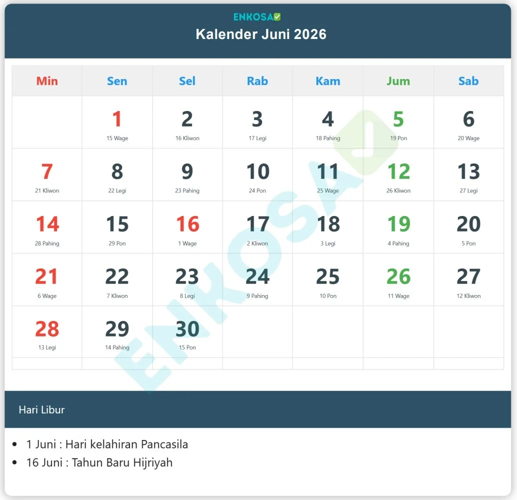 Jadwal Libur dan Tanggal Merah Juni 2026: Apakah 1 Juni Termasuk Tanggal Merah?