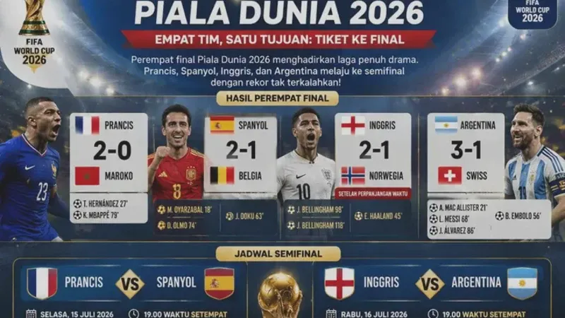 Piala Dunia 2026: Jadwal Semifinal, Prancis vs Spanyol dan Inggris vs Argentina